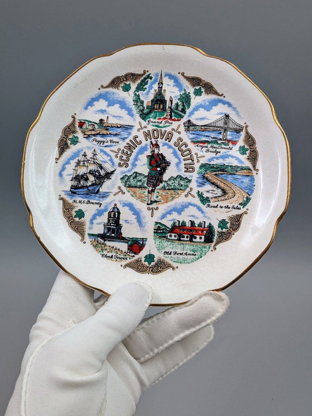 Midcentury Vintage Scenic Nova Scotia Souvenir Plate - 22K Gold Trim